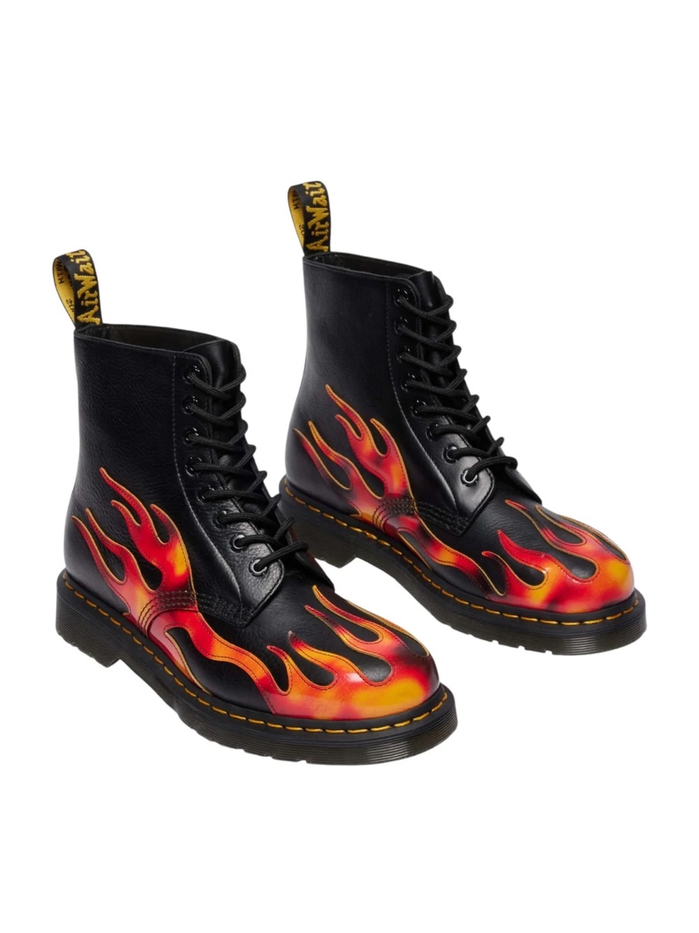Dr. Martens Black Leather 8-Eye Boots with Red-Orange Flame Print